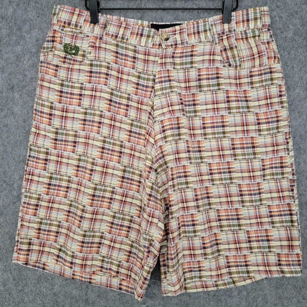 Phat Farm Shorts Mens 36 Multicolor Plaid Patchwork Madras Chino Adjustable‎